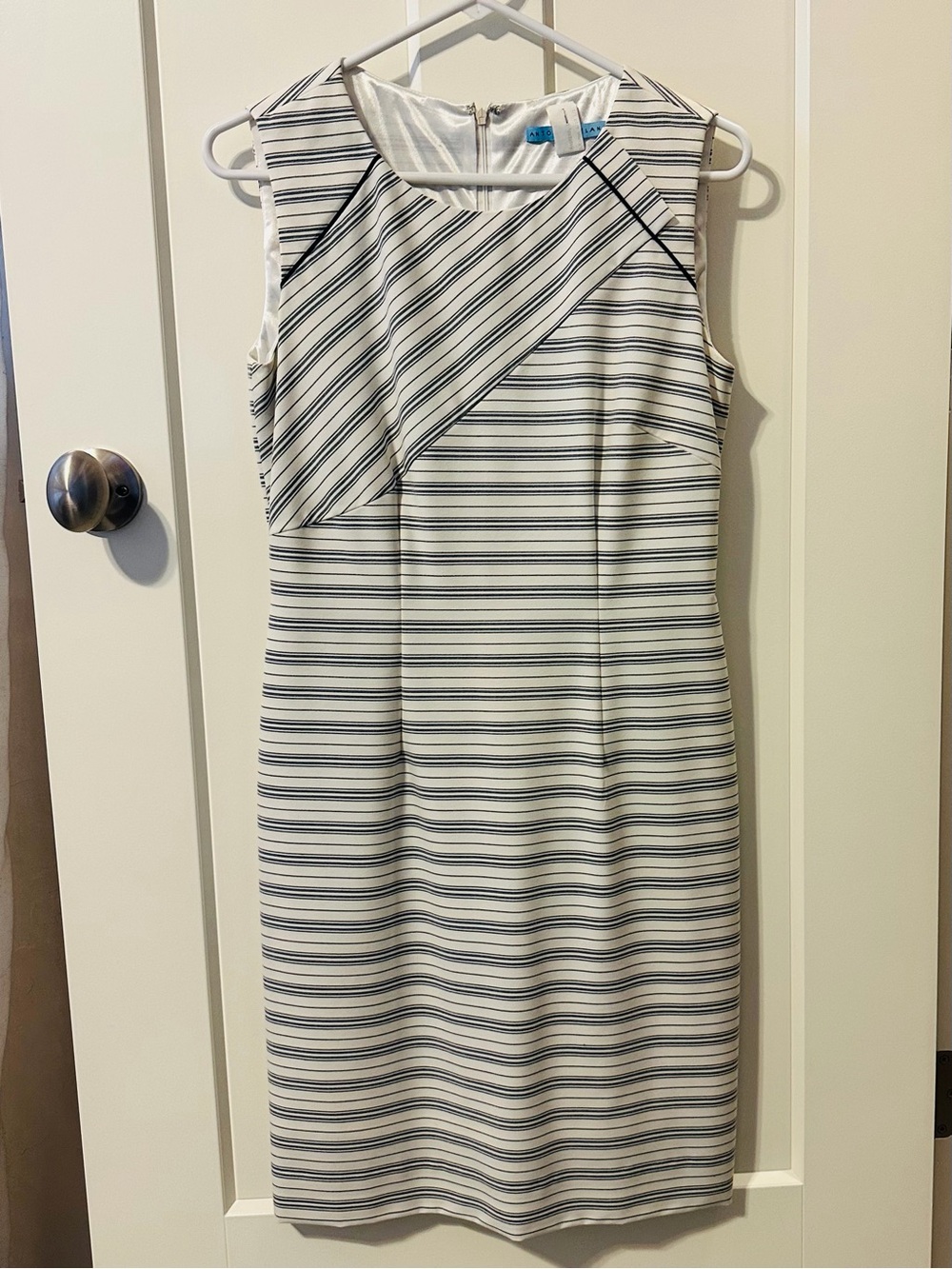 ANTONIO MELANI White and Navy Striped Midi Sheath Dress